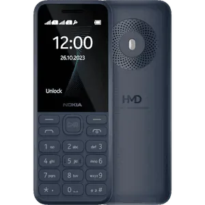 Nokia 130 Music in Dark Blue, front view with the 2.4-inch screen and keypad, next to the back with the round loudspeaker