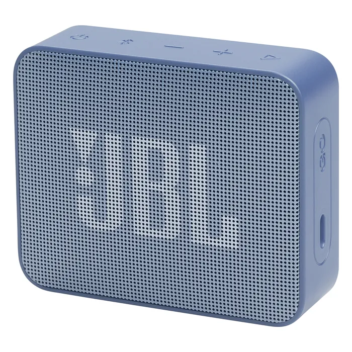 JBL Go Essential 2 portable Bluetooth speaker in Blue, angled front view