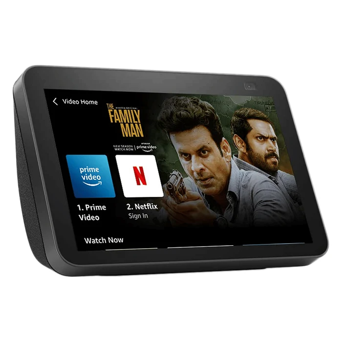 Amazon Echo Show 8 2nd Gen smart display in Black, front view with Prime Video on screen