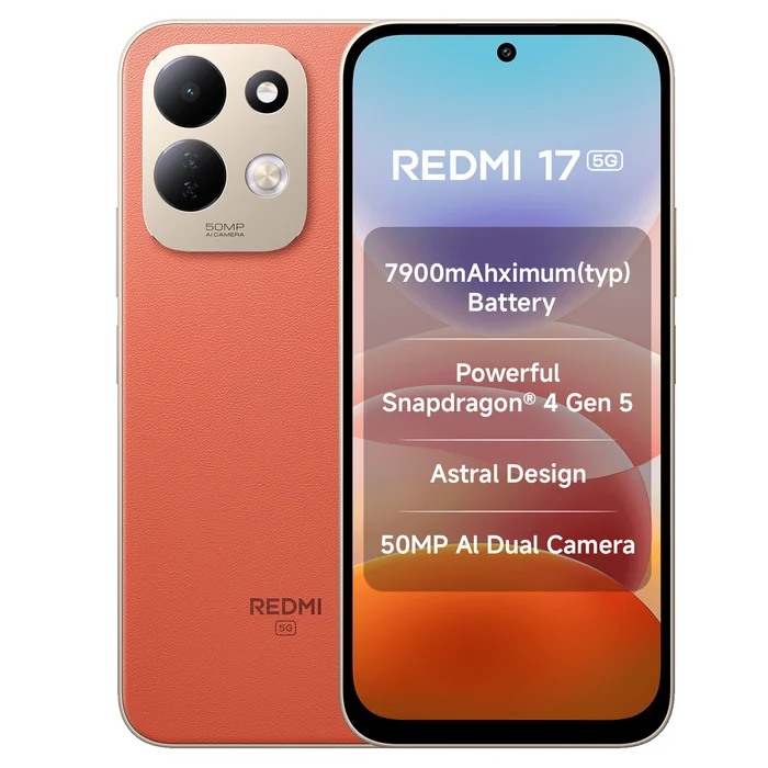 Redmi 17 5G in Eternal Orange, front and back views with the key features