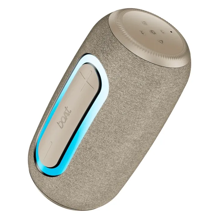 boAt Stone Nyx portable Bluetooth speaker in Desert Beige, angled front view with the RGB light ring