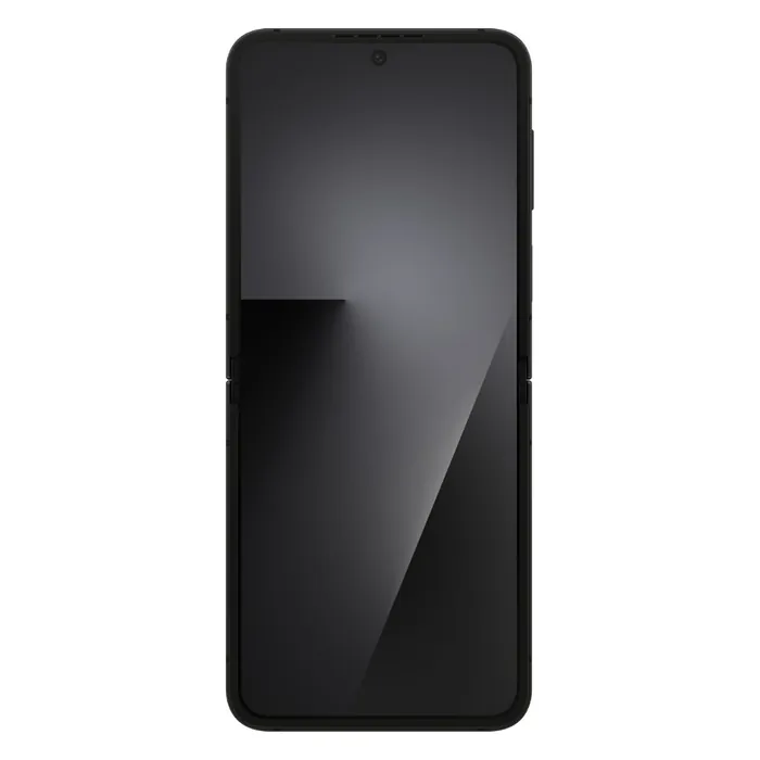 Samsung Galaxy Z Flip 7 FE in Black, fully open front view of the 6.7-inch main screen