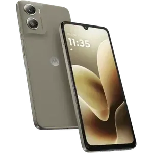 Moto G06 Power in Pantone Laurel Oak, angled back and front views