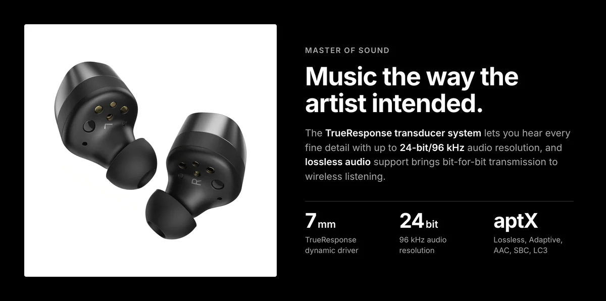 Sennheiser Momentum True Wireless 4 7 mm TrueResponse driver, 24-bit/96 kHz and aptX Lossless audio