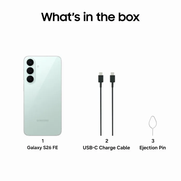 What's in the box: Galaxy S26 FE in Pistachio, USB Type-C cable and ejection pin