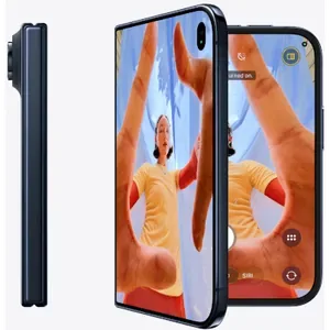 Apple iPhone Duo in Night Sky, closed, side profile next to the outer display with the Camera app open