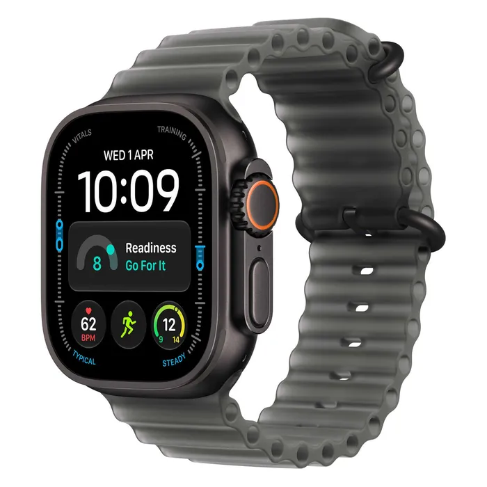 Apple Watch Ultra 4 in Black Titanium with the Translucent Black Ocean Band, three-quarter view with the watch face on