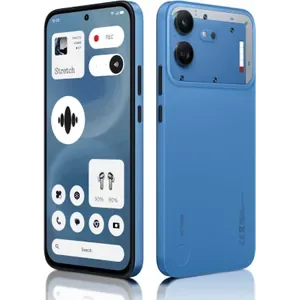 Nothing Phone (4b) in Blue, back and front views side by side, showing the dual camera, the Glyph Bar and the home screen