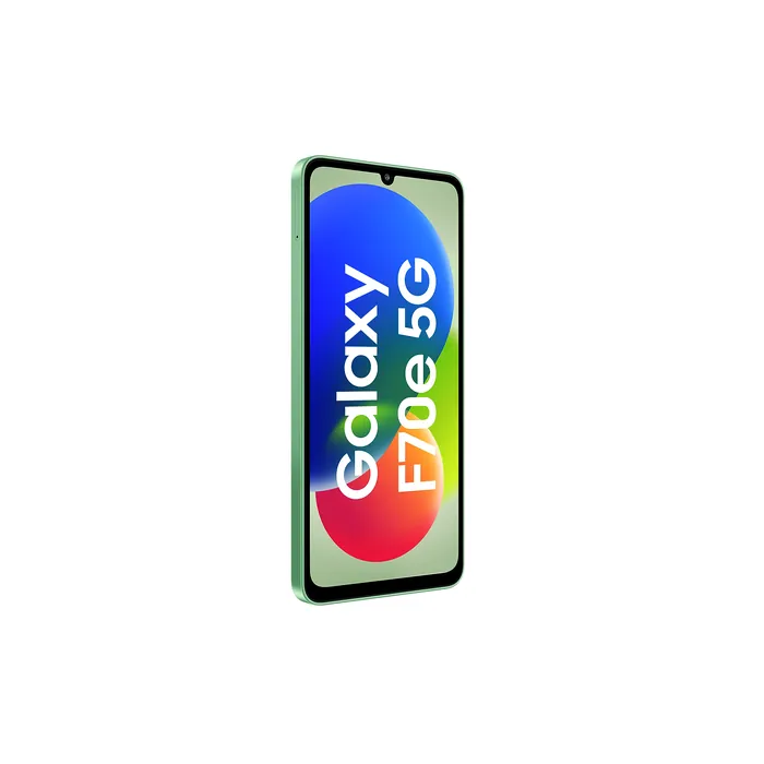 Samsung Galaxy F70e 5G in Limelight Green, angled front view showing the side keys