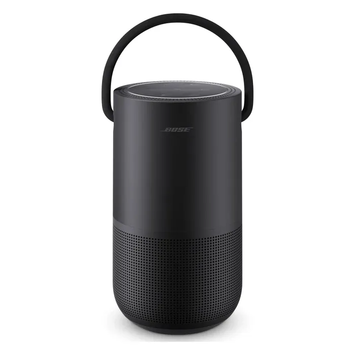 Bose Portable Smart Speaker with Alexa in Triple Black, front view with the carry handle up