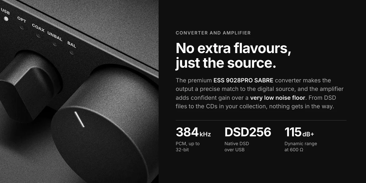 Sennheiser HDV 820 input and volume knobs, PCM up to 32-bit/384 kHz, DSD256, over 115 dB dynamic range