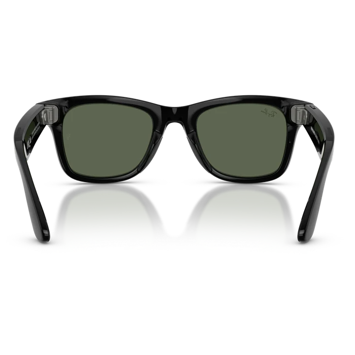 Ray-Ban Meta Wayfarer (Gen 2) in Shiny Black with G-15 Green lenses, rear view with the arms open
