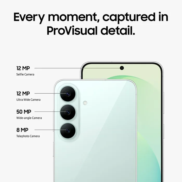 Samsung Galaxy S26 FE camera layout: 50MP wide, 12MP ultra-wide, 8MP telephoto and 12MP front cameras