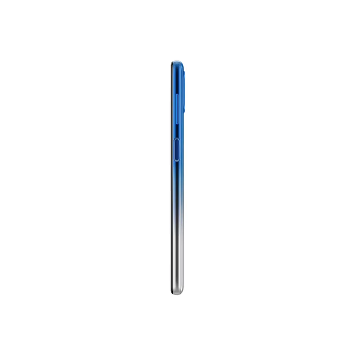 Samsung Galaxy F62 4G in Laser Blue, side view with the volume and power keys