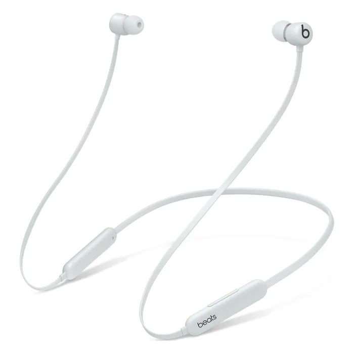 Beats Flex wireless neckband earphones in Smoke Gray, angled view of the neckband and earbuds