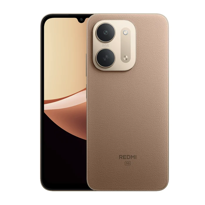 Redmi 17C 5G in Coffee Brew, front and back views