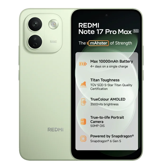 Redmi Note 17 Pro Max 5G in Matcha Green, front and back views