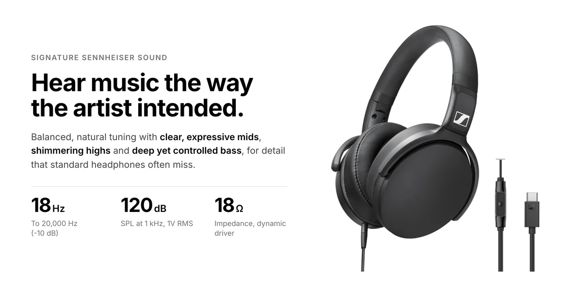 Sennheiser HD 400U balanced tuning, 18 Hz to 20,000 Hz, 120 dB SPL, 18 ohm dynamic driver