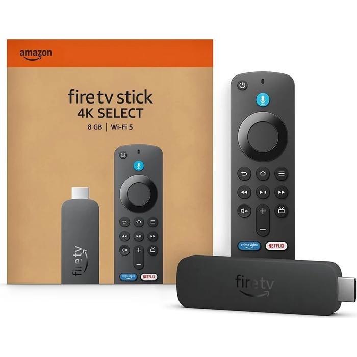 Amazon Fire TV Stick 4K Select Streaming Media Player in Black, stick, remote and retail box