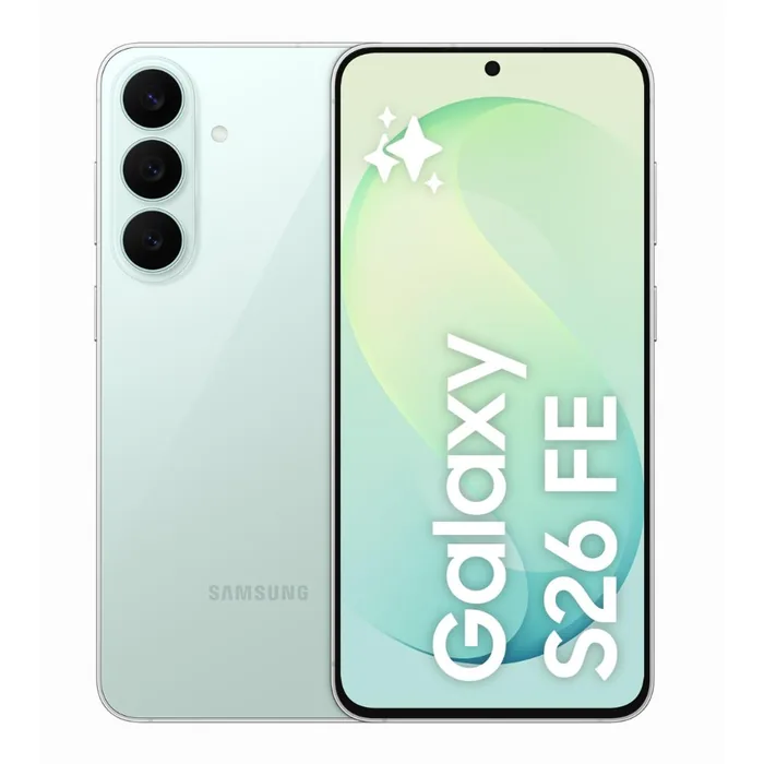 Samsung Galaxy S26 FE in Pistachio, back and front views