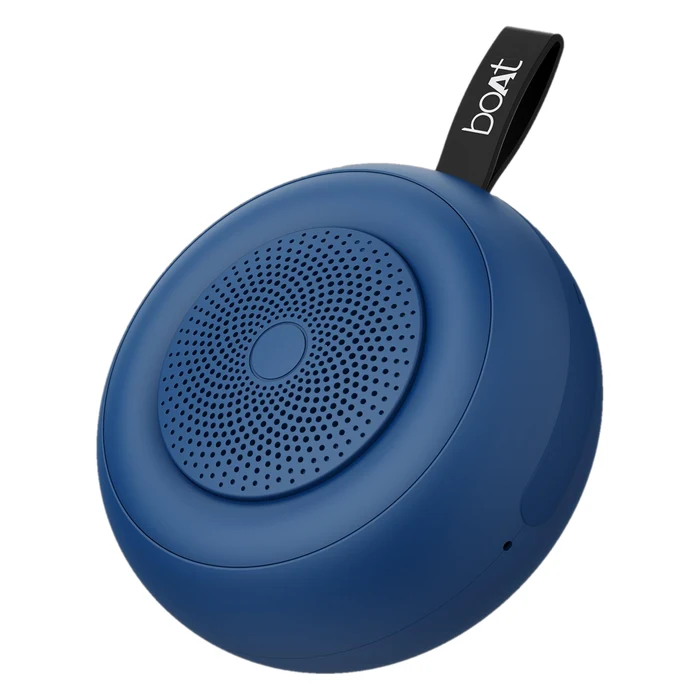 boAt Stone 135 portable Bluetooth speaker in Bold Blue, angled front view with the carry strap