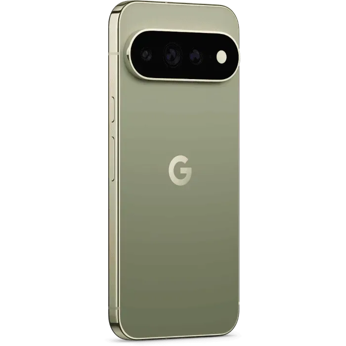 Google Pixel 11 Pro XL in Olive, angled back view showing the camera bar and frame
