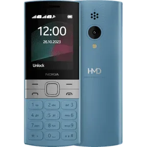 Nokia 150 in Cyan, front view with the 2.4-inch screen and keypad, next to the back with the camera, flash and HMD logo