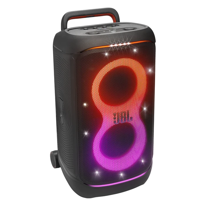 JBL PartyBox 520 portable Bluetooth party speaker in Black, angled front view with the lightshow on