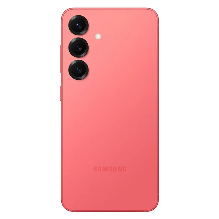 Samsung Galaxy S25 in Coralred, back view showing the triple camera