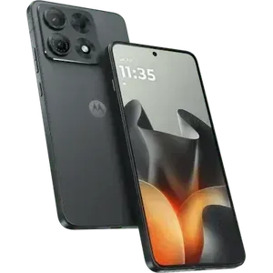 Motorola Edge 70 Max in Pantone Dark Shadow, back and front views, showing the camera module and the 6.8-inch screen