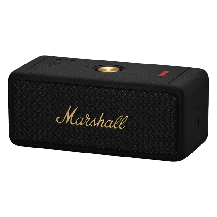 Marshall Emberton II portable Bluetooth speaker in Black and Brass, angled front view