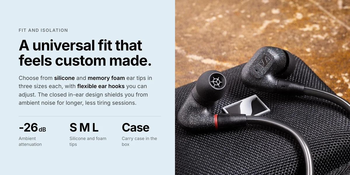Sennheiser IE 300 on its carry case, silicone and memory foam tips in S, M, L, -26 dB attenuation