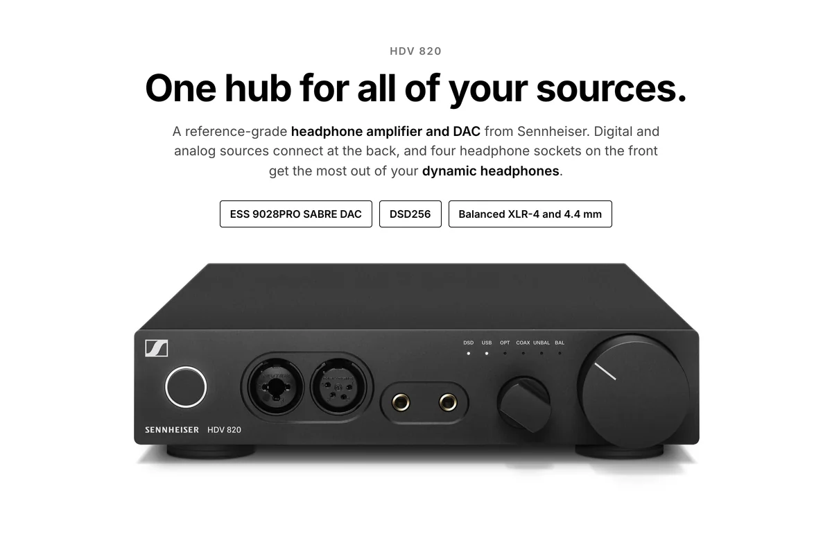 Sennheiser HDV 820 headphone amplifier and DAC, ESS 9028PRO SABRE DAC, DSD256, balanced XLR-4 and 4.4 mm