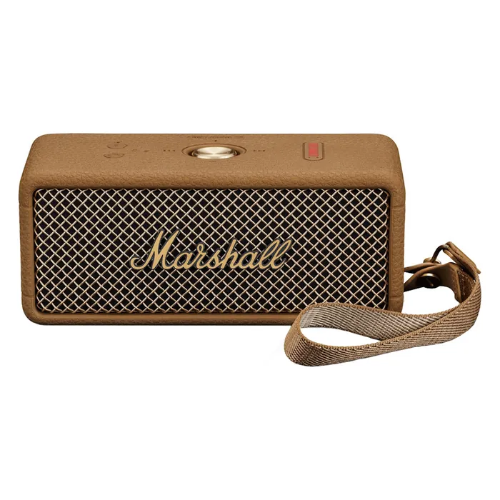 Marshall Emberton III portable Bluetooth speaker in Brown, front view with the matching strap