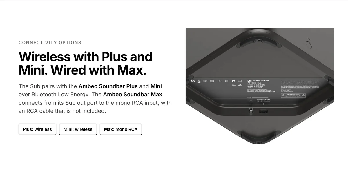 Sennheiser Ambeo Sub underside with mono RCA input, wireless with Ambeo Plus and Mini, wired with Max