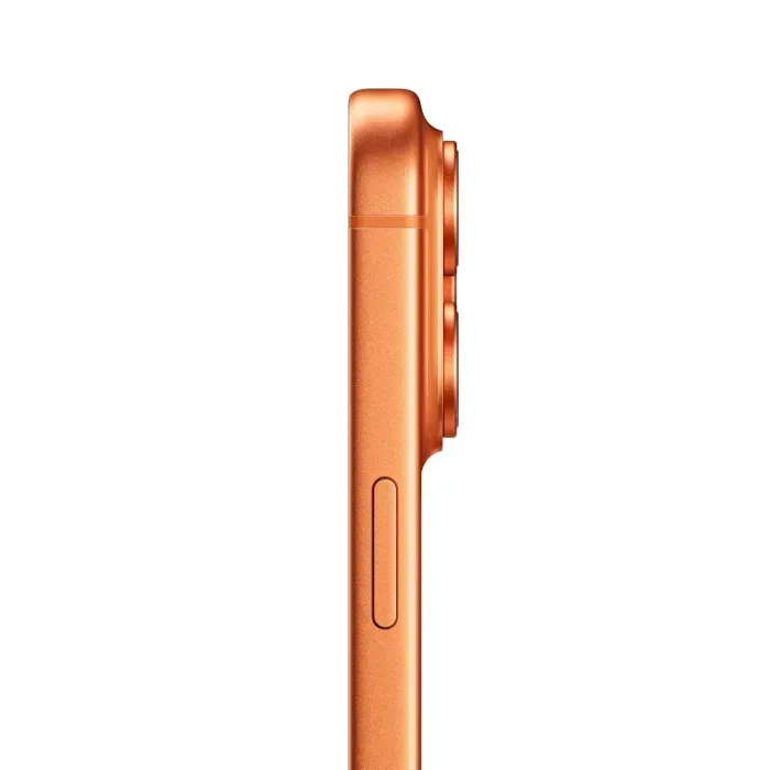 Apple iPhone 17 Pro in Cosmic Orange, side view showing the Camera Control button