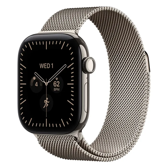 Apple Watch Series 12 42mm in Natural Titanium with the Natural Milanese Loop, three-quarter view with the watch face on