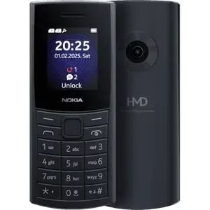 Nokia 110 4G in Midnight Blue, front view with the 1.77-inch screen and keypad, next to the textured back with the camera