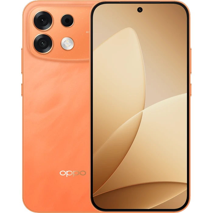 OPPO F35 Pro 5G in Sunrise Orange, back and front views with the orange back and triple-lens camera platform