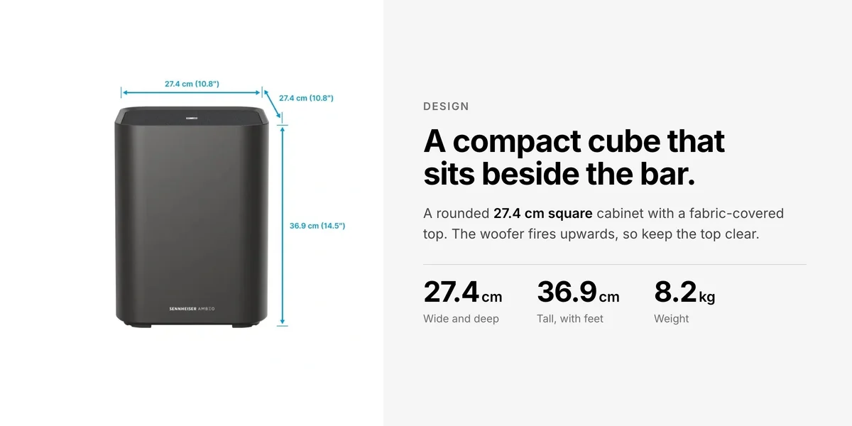 Sennheiser Ambeo Sub dimensions, 27.4 x 27.4 x 36.9 cm, 8.2 kg