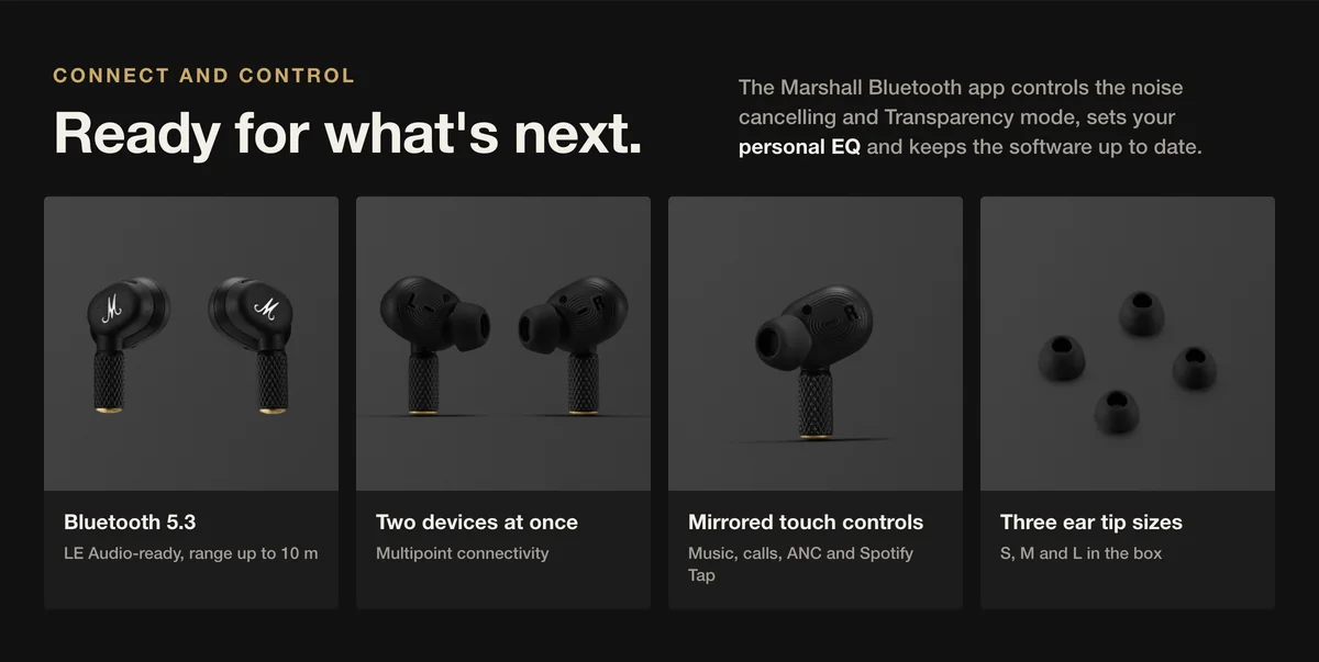 Marshall Motif II A.N.C. Bluetooth 5.3 LE Audio-ready, multipoint, mirrored touch controls and three ear tip sizes