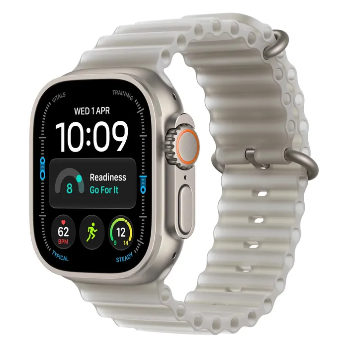 Apple Watch Ultra 4 in Natural Titanium with the Translucent Grey Ocean Band, three-quarter view with the watch face on