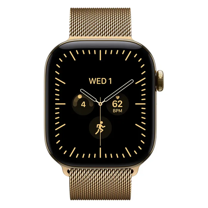 Apple Watch Series 12 42mm in Radiant Gold Titanium with the Radiant Gold Milanese Loop, front view with the watch face on
