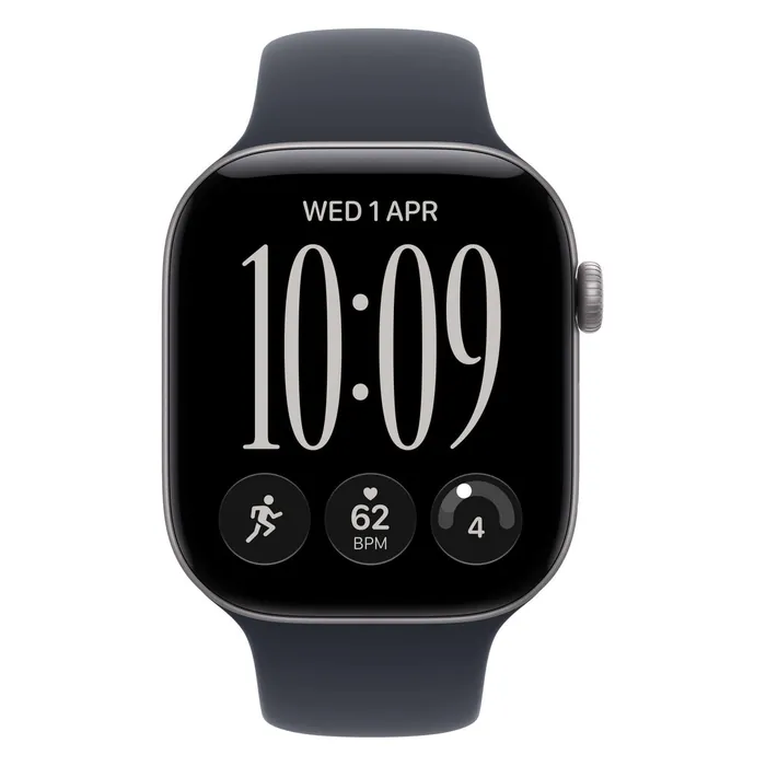 Apple Watch Series 12 46mm in Space Grey Aluminium with the Navy Blue Sport Band, front view with the watch face on