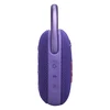 JBL Clip 5 portable Bluetooth speaker in Purple, side view with buttons