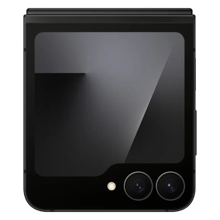 Samsung Galaxy Z Flip 7 FE in Black, folded with the 3.4-inch cover screen and dual cameras