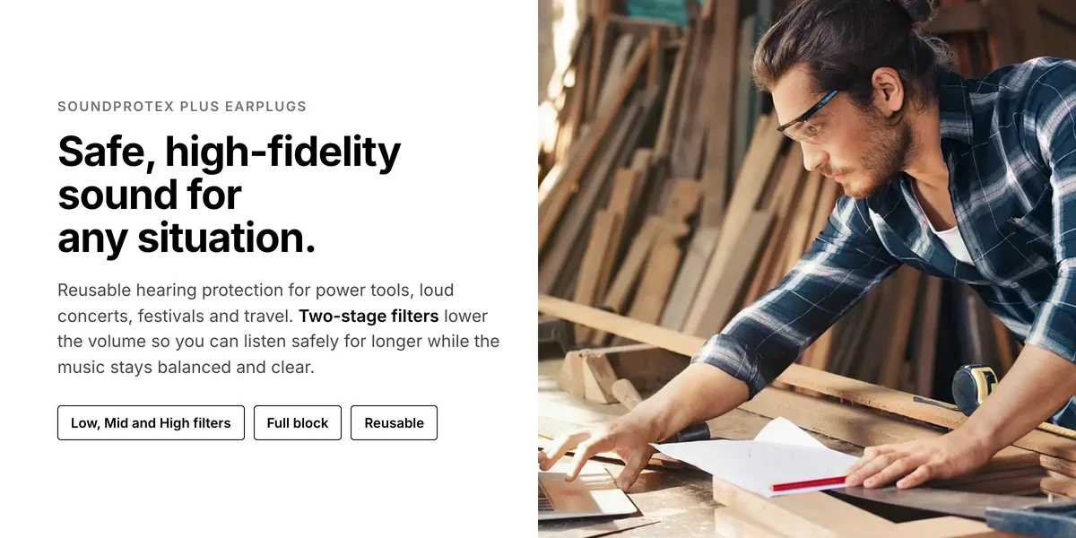 Man at a woodwork bench, Sennheiser SoundProtex Plus reusable hearing protection earplugs for any situation