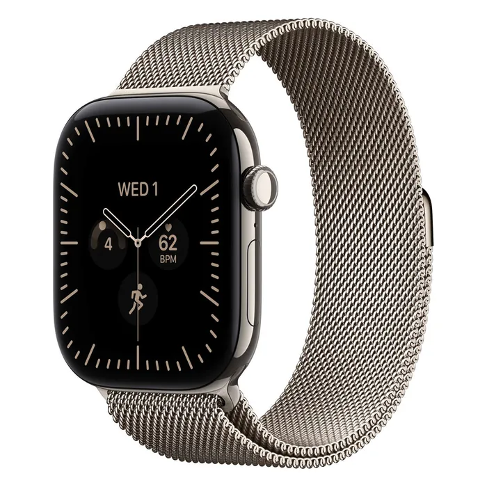 Apple Watch Series 12 46mm in Natural Titanium with the Natural Milanese Loop, three-quarter view with the watch face on