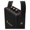 Marshall Stockwell II portable Bluetooth speaker in Black and Brass, angled close-up of the brass knobs and carry strap