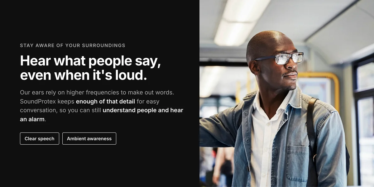 Man on a bus, Sennheiser SoundProtex keep speech clear so you stay aware of your surroundings